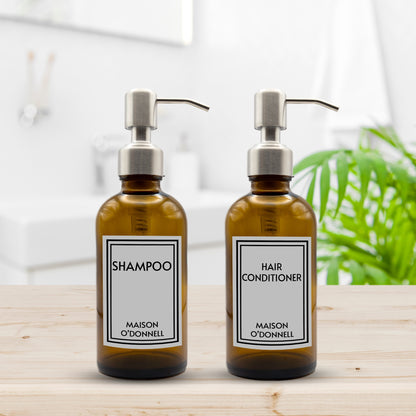 Personalised Refillable Bathroom Dispenser Set of Two Bottles for Shampoo & Hair Conditioner with Silver Metal Pumps