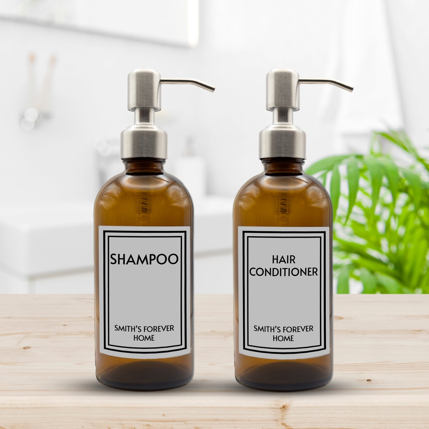 Refillable Glass Dispenser Bathroom Bottle Set With Silver Metal Pumps & Personalised Labels | Refillable bathroom set for Shampoo and Hair Conditioner | Reuse, refill, recycle | Hinch inspired bathroom