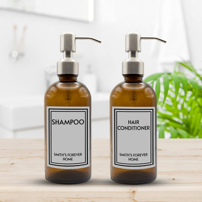 Refillable Glass Dispenser Bathroom Bottle Set With Silver Metal Pumps & Personalised Labels | Refillable bathroom set for Shampoo and Hair Conditioner | Reuse, refill, recycle | Hinch inspired bathroom