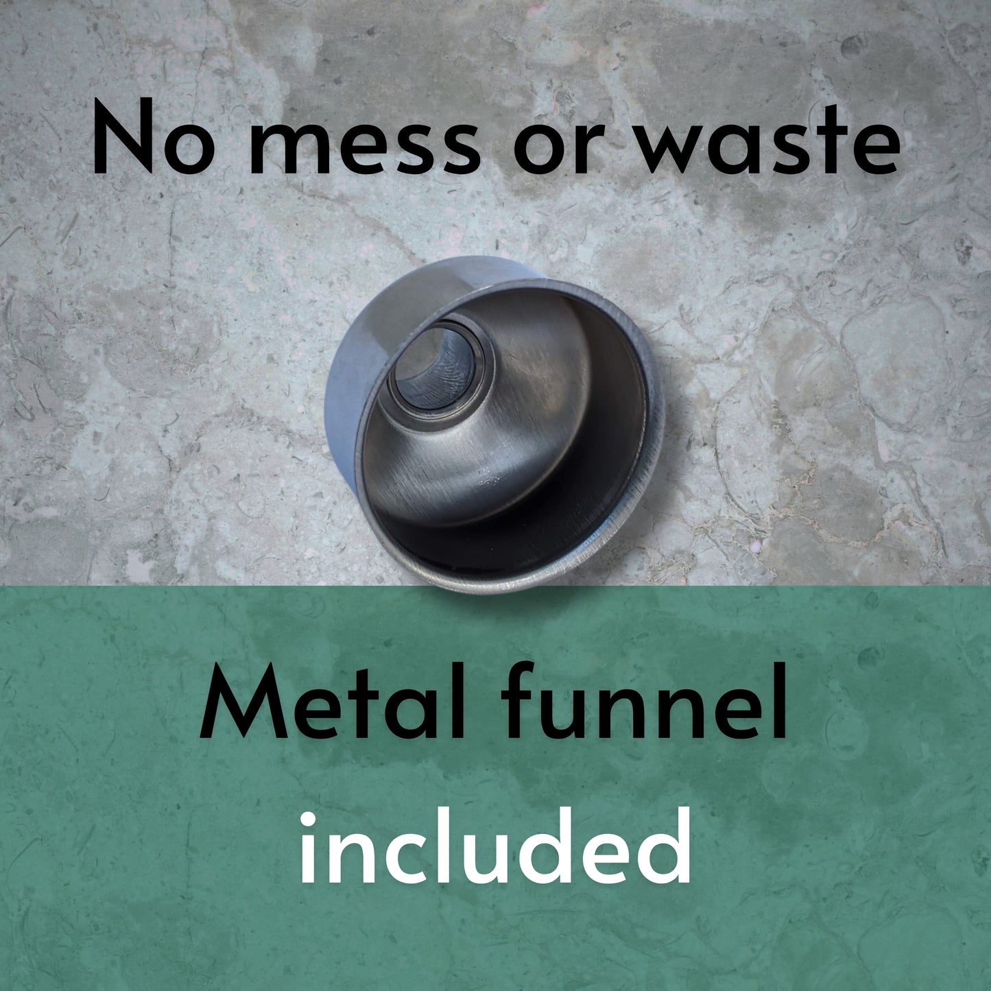 Metal funnel included to reduce mess and waste when transferring your products to your new green label glassware glass soap dispensers | Refillable soap bottles for kitchen and bathroom