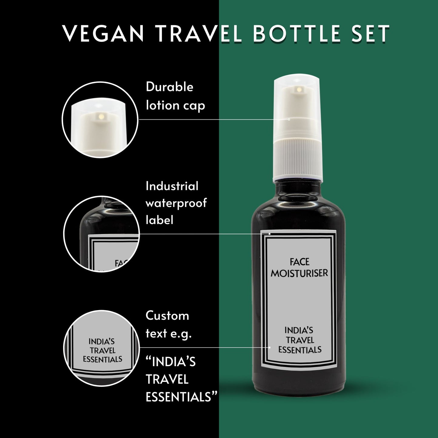 Set of 2 Reusable Black Travel Bottles with Customisable Labels [100ml]