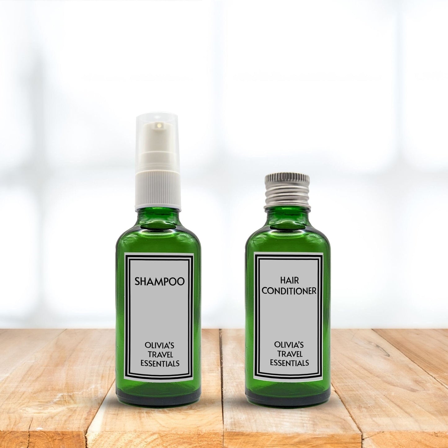 vegan reusable custom green glass travel bottle dispenser set with custom labels, aluminium cap and soap pump