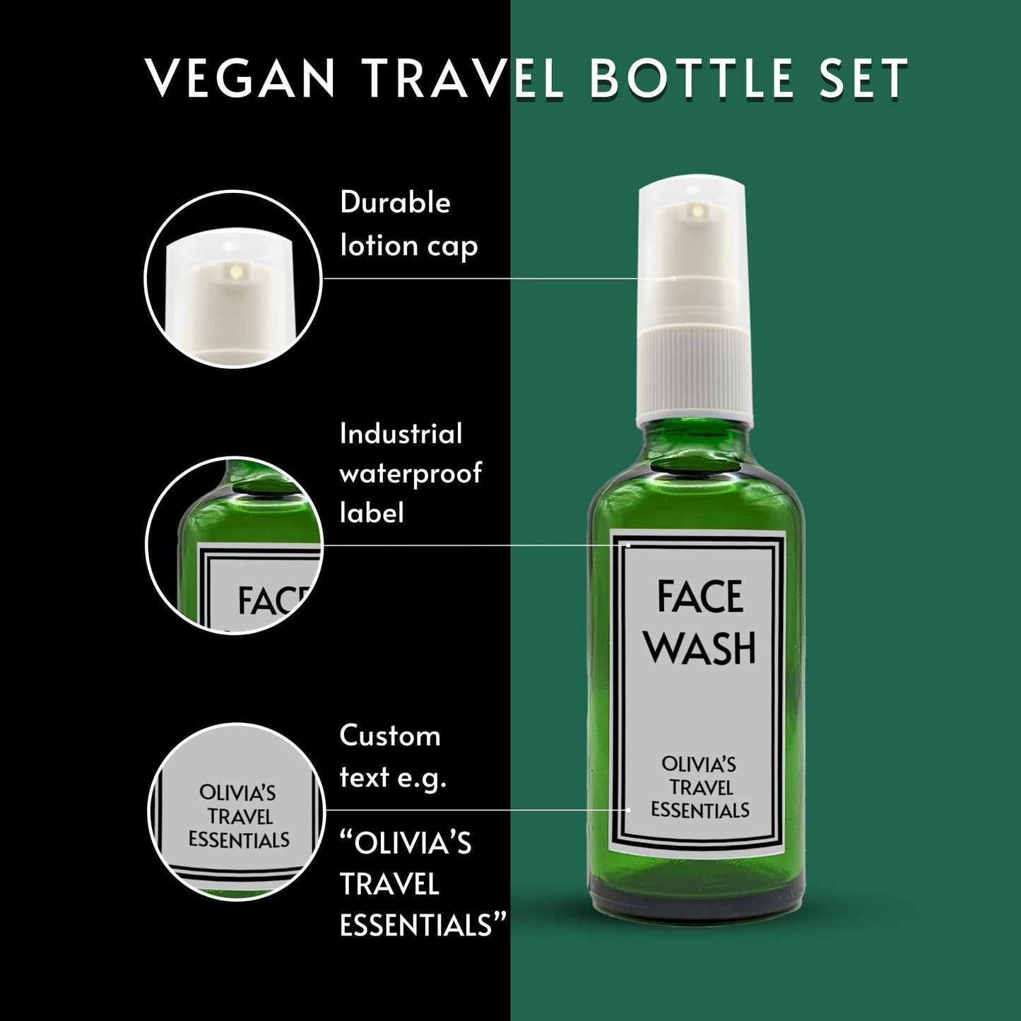  Reusable Green Travel Bottle Set With Custom Labels [50ml]