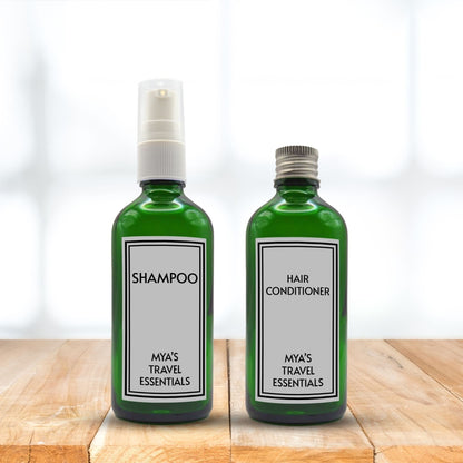 vegan reusable custom green glass travel bottle dispenser set with custom labels, aluminium cap and soap pump