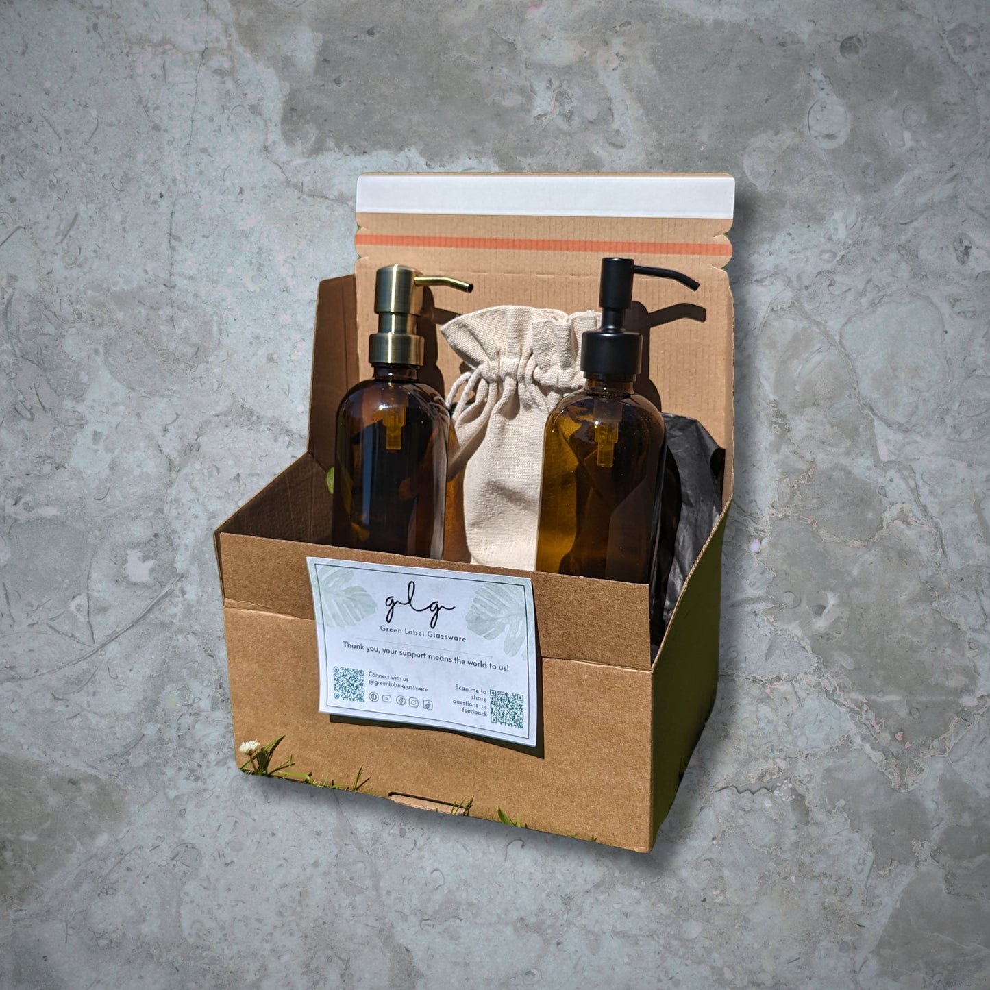 Luxury, eco-friendly packaging for your new amber glass dispensers and bottles. Natural linen pouch and metal funnel included in every purchase